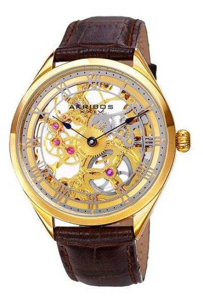 AKRIBOS XXIVHnědé kožené pánské hodinky se zlatým ciferníkem