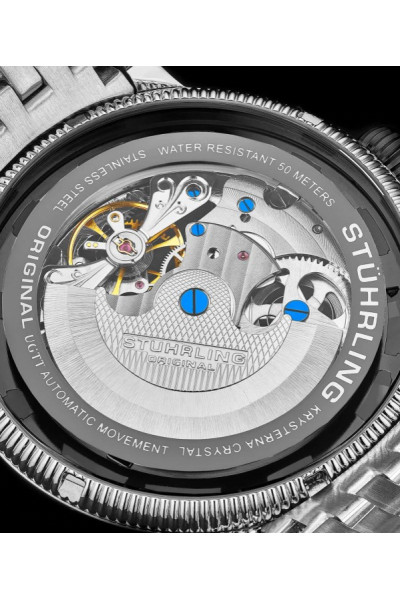 Stührling Original Pánské automatické hodinky Skeleton Hodinky Analogový ciferník Stříbrné akcenty Duální čas AM/PM Sun Moon Náramek z nerezové oceli 3922