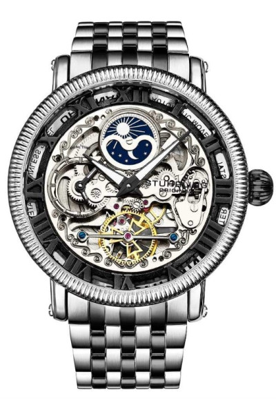 Originální pánské automatické hodinky Stührling, analogový ciferník kostek, stříbrné akcenty, duální čas, AM/PM Sun Moon, náramek z nerezové oceli, kolekce 3922