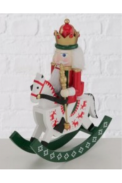 DEKORATIVNÍ FIGURKA VÁNOČNÍHO LOUSKÁČKA TONI NA HOUPACÍM KONI 26 CM NOVÁ