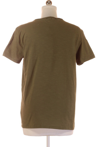ALCOTT Pánské lněné bavlněné tričko khaki s knoflíčky a V-výstřihem