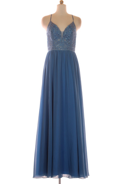 Luxuar Večerní šaty S Korálkovou Výšivkou, Dlouhé Modré, Polyester