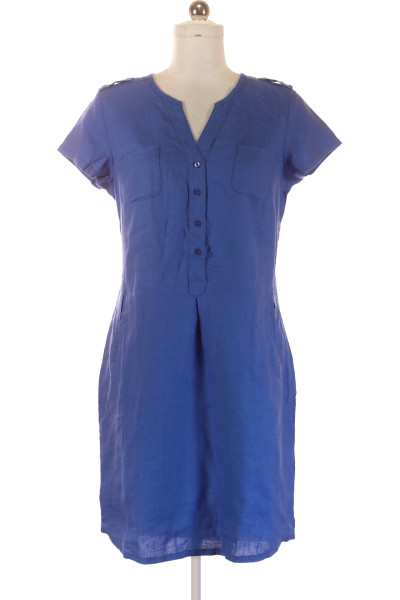 Lněné Letní šaty TESINI Modré S Kapsami A Knoflíky