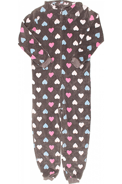 CAMILLE Dámský šedý Plyšový Overal S Růžovými A Modrými Srdíčky Na Spaní Velikost EU 46/48