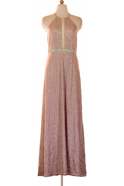 Luxuar Limited Dlouhé Společenské Třpytivé šaty Za Krk S Páskem Vel. 38