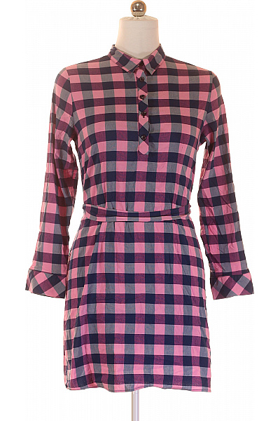 Bavlněné Růžové Modré Kostkované Šaty S Dlouhým Rukávem Košilové S Páskem Vel. 42 | Unimoda | obrázek 2