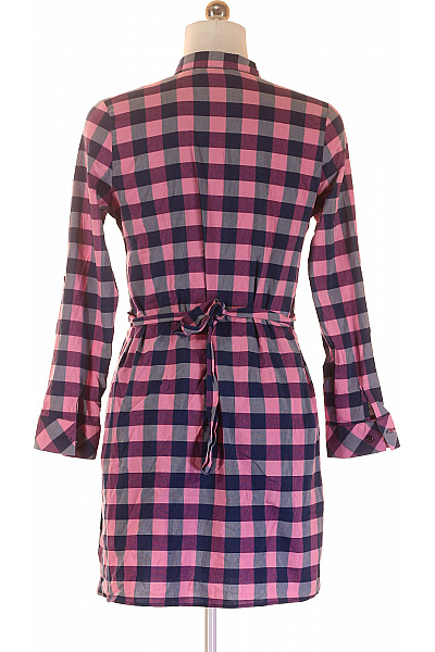 Bavlněné Růžové Modré Kostkované Šaty S Dlouhým Rukávem Košilové S Páskem Vel. 42 | Unimoda | obrázek 3