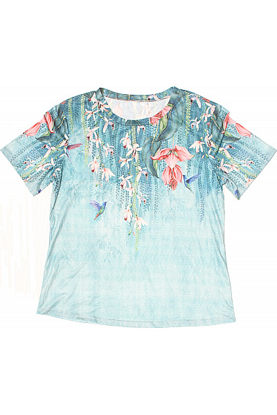 Dámské tričko s krátkým rukávem modré květinový vzor ptáci Vel. M | Unimoda | obrázek 2