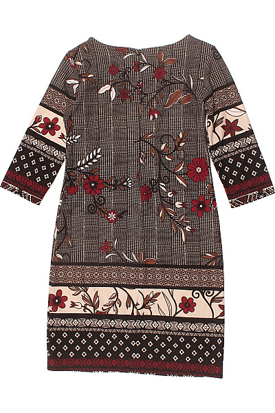 Dámské šaty s krátkým rukávem kostkované květované hnědé béžové Velikost M | Unimoda | obrázek 3