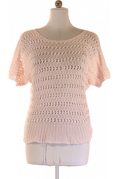 Cream Růžový Ažurový Pletený Pulovr S Krátkým Rukávem Lehký Vel. M
