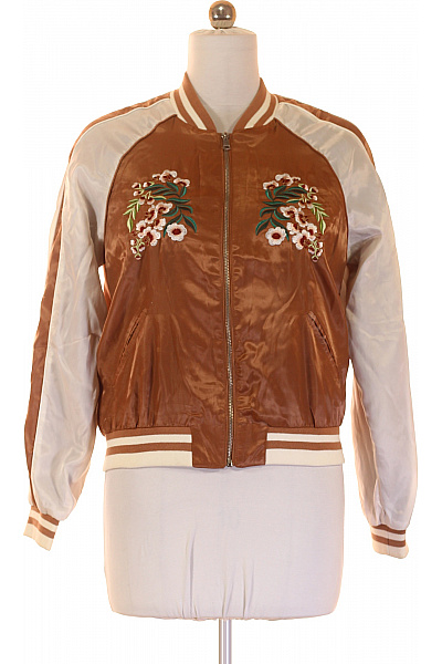 VERO MODA Dámská Bomber Bunda Hnědá Krémová Výšivka Květiny Retro Stylová Krátká Se Zipem Vel. M