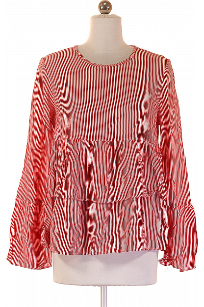 ZARA Dámská Halenka S Dlouhým Rukávem A Volánky Pruhovaná červená Velikost S