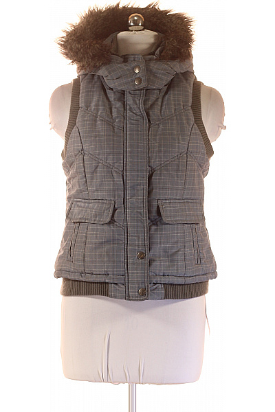 Street One Dámská šedá Kostkovaná Zateplená Vesta S Kapucí A Kožíškem Velikost S
