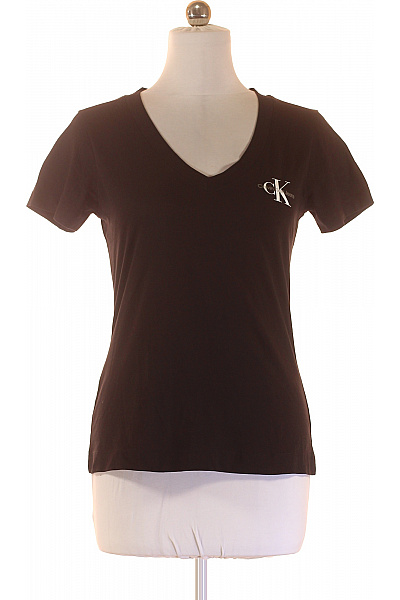Calvin Klein Dámské Bavlněné Tričko Hnědé S Krátkým Rukávem V Výstřih S Nápisem Basic Vel. L