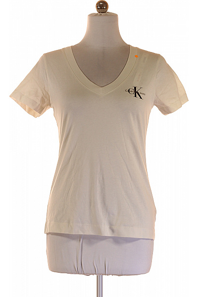 Calvin Klein Dámské Tričko Krémové Basic V Výstřih S Krátkým Rukávem Velikost L