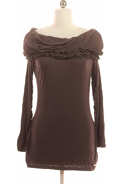 Khujo Dámské Hnědé Tričko Dlouhý Rukáv Volánový Lodičkový Výstřih Velikost S