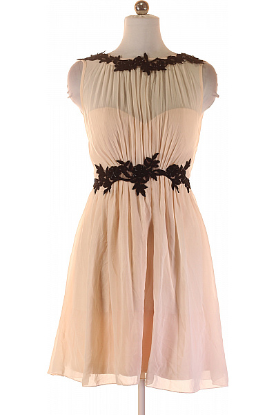 Little Mistress Béžové šifonové koktejlové šaty s černou krajkou a páskem Vel. 40 | Little Mistress | obrázek 2