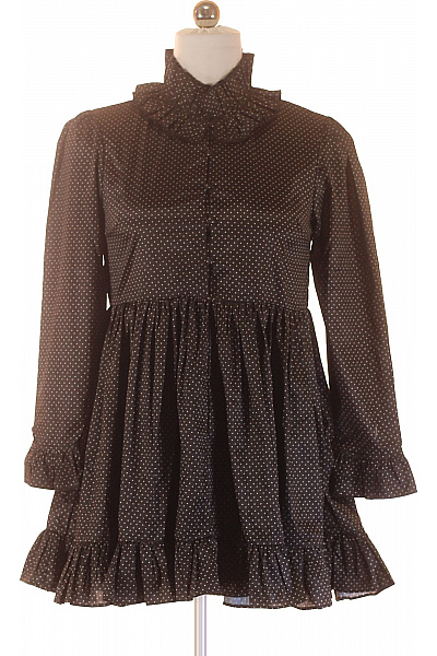 Černé puntíkované šaty s dlouhým rukávem a volánem retro Vel. S | Unimoda | obrázek 2