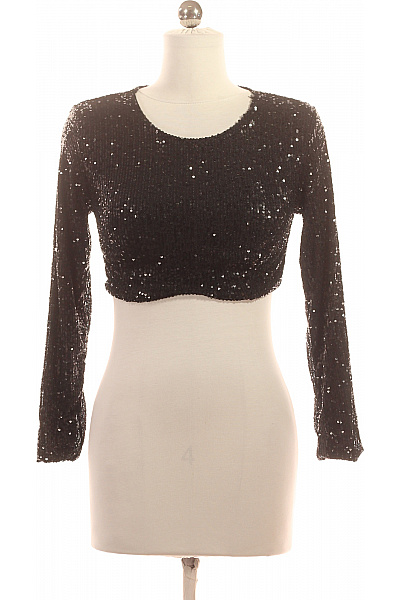 MADE IN ITALY Černé Flitrové Crop Top S Dlouhým Rukávem A Kulatým Výstřihem Vel. XS