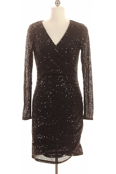 PIECES Černé Flitrové Mini šaty Zavinovací S Dlouhým Rukávem Na Párty Vel. M