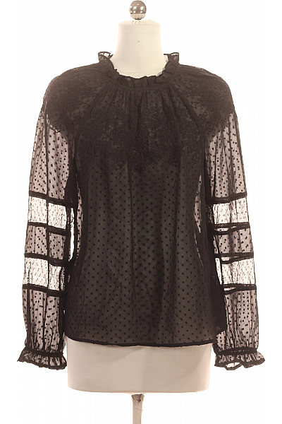 MANGO Černá Průsvitná Puntíkovaná Halenka S Dlouhým Rukávem A Volánky Vel. S