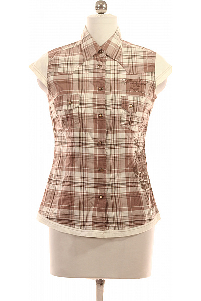 JOHN BANER Dámská Letní Kostkovaná Košile Hnědá Béžová S Krátkým Rukávem Vel. 34