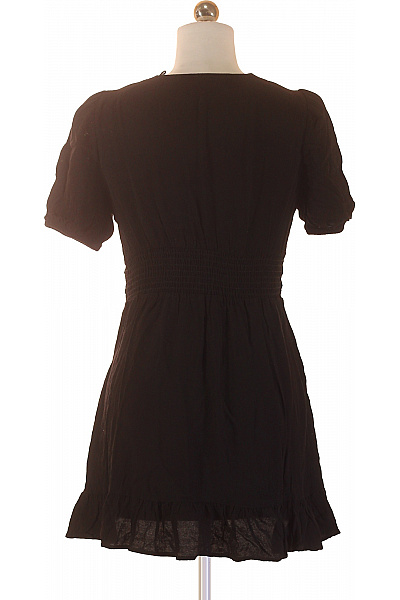 Černé viskózové letní mini šaty s volánem a nabíraným pasem Velikost L | Unimoda | obrázek 2