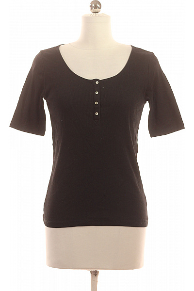 Dámské černé žebrované Tričko S Krátkým Rukávem A Knoflíky Velikost XS