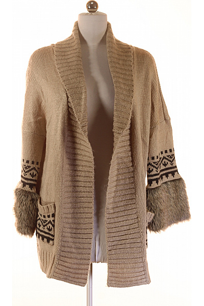 BRAVE SOUL Dámský Béžový Pletený Kardigan S Norským Vzorem A Kožíškem Vel. 40