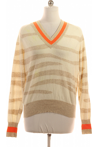 Brodie Cashmere Dámský Kašmírový Pulovr Béžový Pruhovaný S Výstřihem Do V Oranžový Vel. L