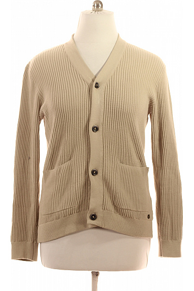 NO EXCESS Pánský Bavlněný žebrovaný Kardigan Béžový Propínací S Kapsami Velikost L