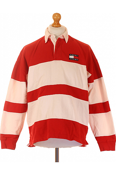 TOMMY HILFIGER Pánské Bavlněné Tričko S Dlouhým Rukávem červené Krémové Pruhované Polo Retro Vel. XS