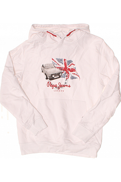 Pepe Jeans Dětská Chlapecká Mikina S Kapucí Bílá Bavlna S Potiskem Auta A Vlajky Vel. 12/152