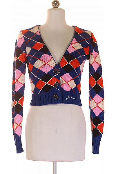GANNI Dámský bavlněný crop kardigan modrý s argyle vzorem propínací Velikost XS | GANNI | obrázek 2