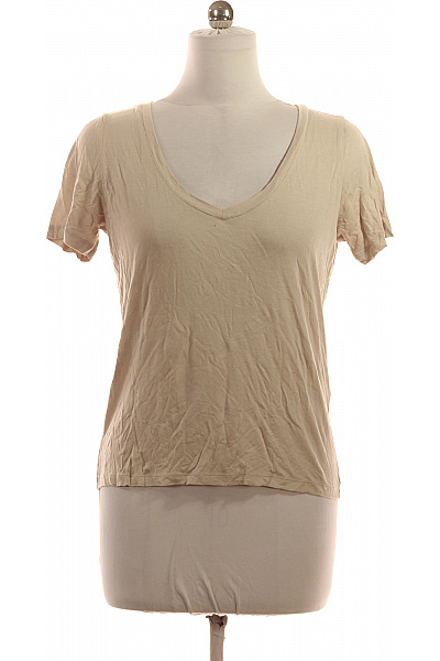 LAWRENCE GREY Dámské Viskózové Béžové Jednoduché Tričko V-výstřih Krátký Rukáv Basic Vel. M
