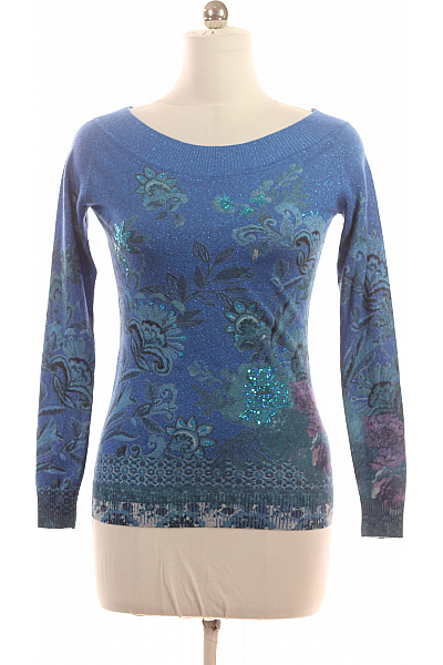 DESIGUAL Modrý Vzorovaný Pulovr S Flitry A Třpytivý Vel. M