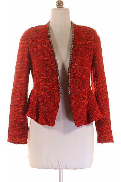 ZARA Červené Tvídové Sako Peplum Zdobené Korálky Elegantní Vypasované Velikost L