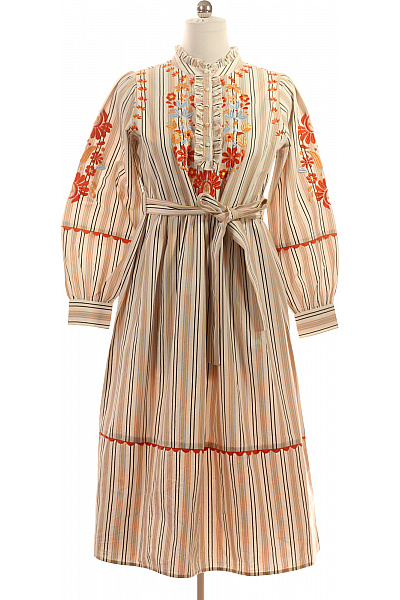 RICH&ROYAL Dámské Midi šaty S Dlouhým Rukávem Béžové Proužkované Boho S Páskem Vyšívané Velikost 38