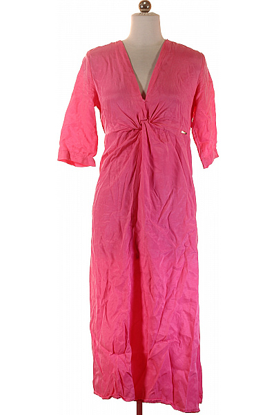 CINQUE Růžové Lyocellové Letní Maxi Šaty V-výstřih Uzlování Volné Jednobarevné Plážové Vel. 34