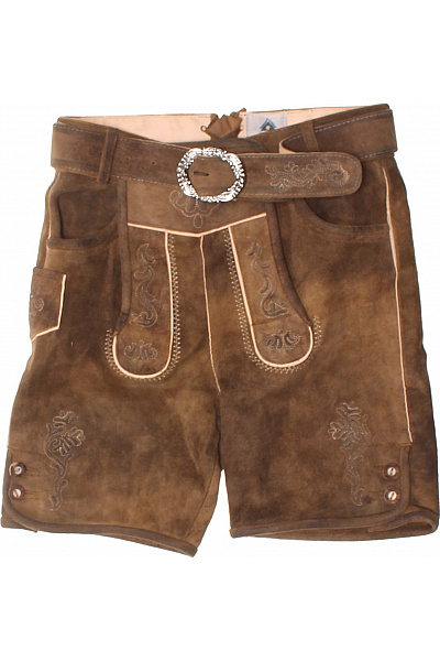 Dětské Kožené Kraťasy Hnědé Tradiční Vyšívané Spona Velikost 140 Cm