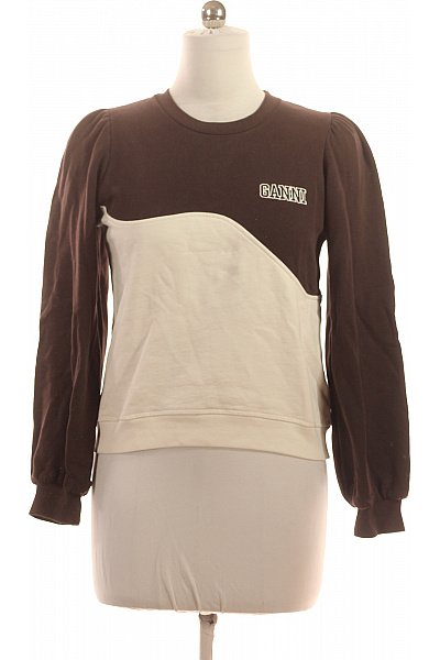 GANNI Bavlněná Dámská Mikina Hnědá Krémová Dvoubarevná S Výšivkou Vel. M