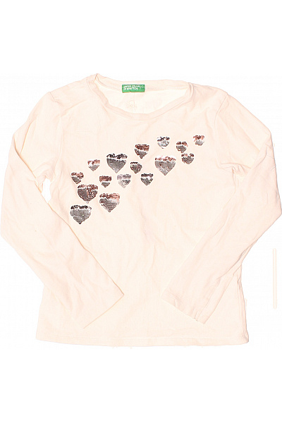 BENETTON Dívčí Triko Dlouhý Rukáv Světle Růžové Srdce Flitry