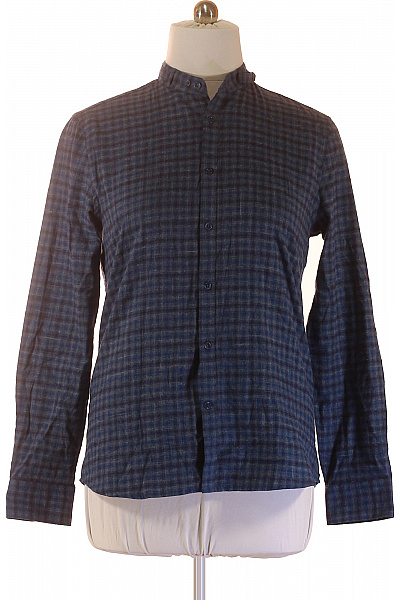 Pánské modré kostkované bavlněné košile s dlouhým rukávem a stojáčkem ležérní Vel. L | Unimoda | obrázek 2