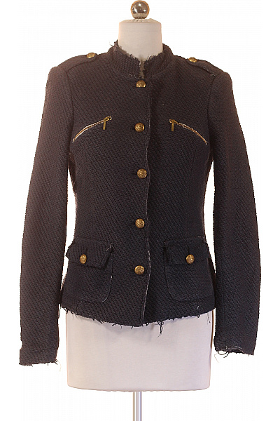 STRADIVARIUS Tweedové vojenské sako tmavě modré vypasované se stojáčkem zlaté knoflíky Velikost s | STRADIVARIUS | obrázek 2