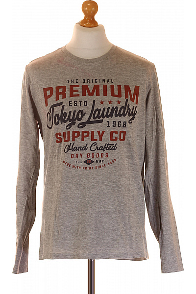 TOKYO LAUNDRY Pánské Bavlněné Tričko šedé S Dlouhým Rukávem A Potiskem Basic Vel. M