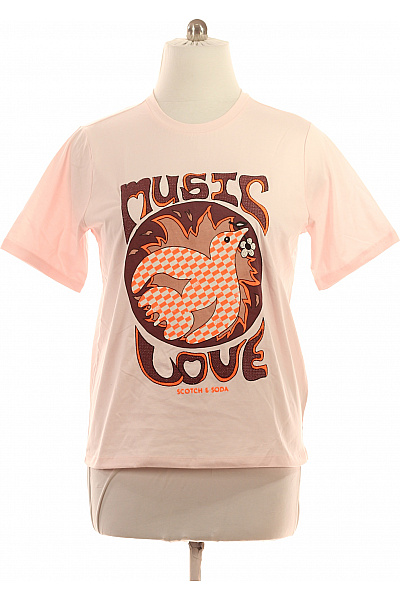 Scotch & Soda Dámské Růžové Tričko Krátký Rukáv S Potiskem Retro Styl Velikost L