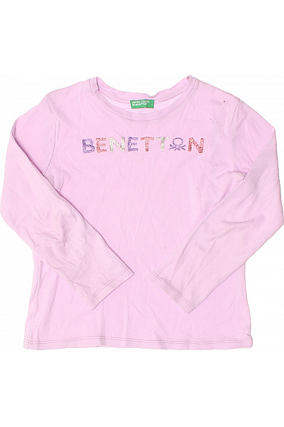 BENETTON Dívčí Triko Dlouhý Rukáv Třpytky Nápis Růžové Velikost 122
