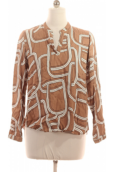 Dámská Viskózová Halenka Hnědá Retro Vzorovaná S Dlouhým Rukávem Volná Vel. 40