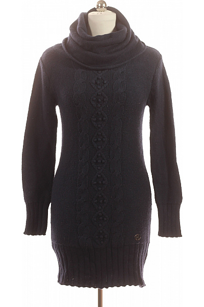 LTB Dámské Modré Pletené Rolákové Tunikové šaty S Copánkovým Vzorem Vel. M