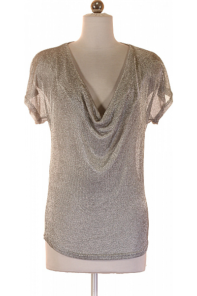 Stříbrná Lesklá Halenka S Výstřihem Do V A Krátkým Rukávem Vel. XS